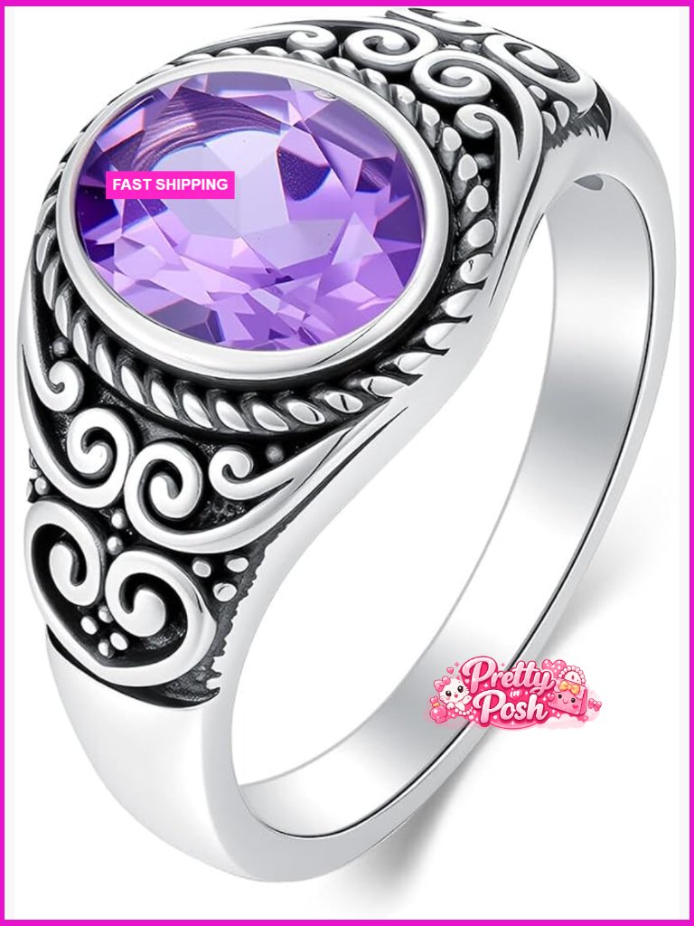Natural Amethyst Sterling Silver Statement Ring Retro Gemstone Ring